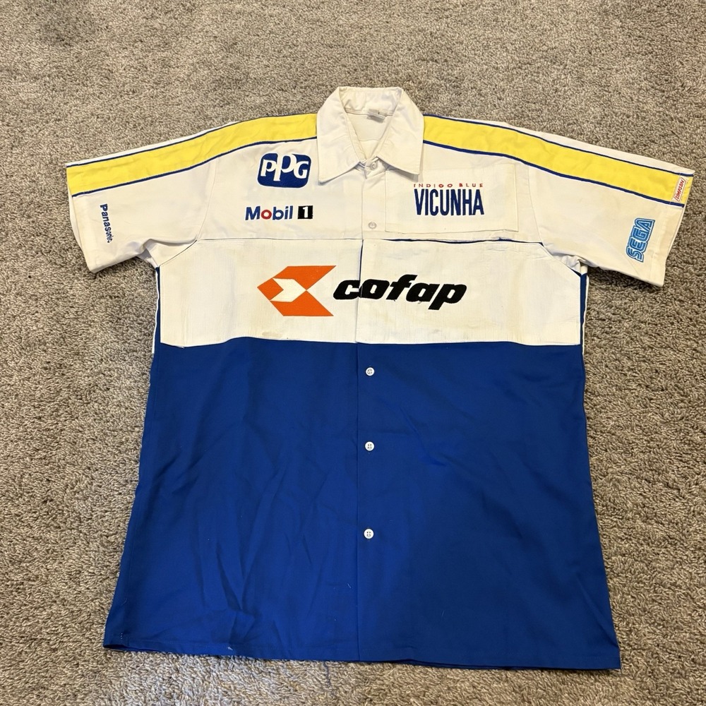 VINTAGE NASCAR Pit Crew Shirt Racing Indigo Blue Vicunha Mobil 1 Race 80s Medium